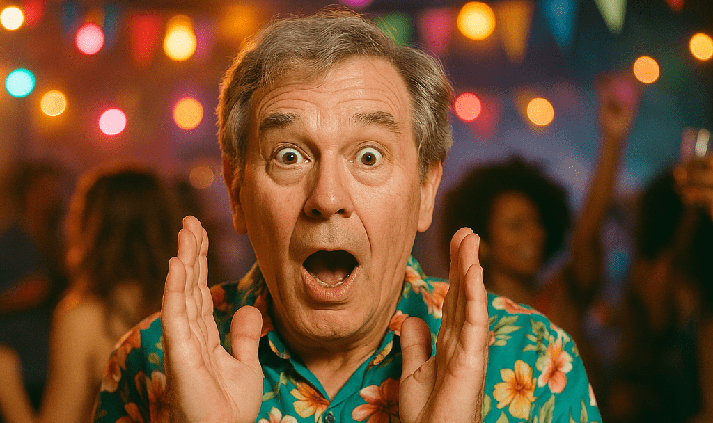 Crear una imagen de un señor de 60 años con una camisa floreada sorprendido en una fiesta